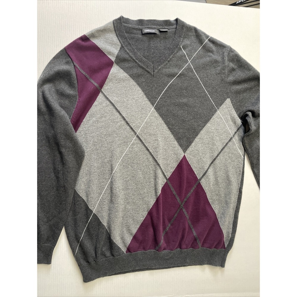 Claiborn Men's Size Large V-Neck Long Sleeve Argyle Pullover Sweater - Gray